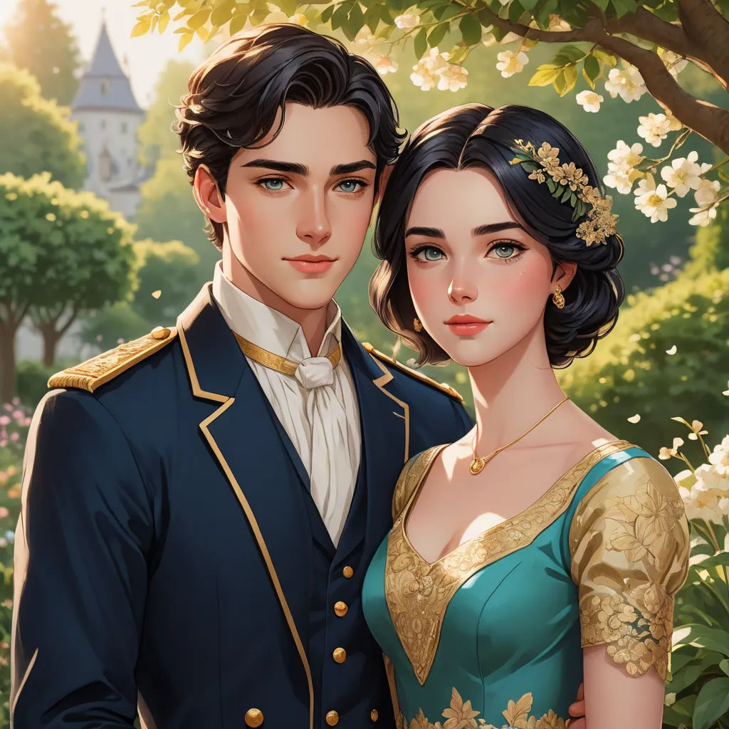 a painting of a man and woman in formal clothing standing next to each other in a park with trees and flowers, sots art, a detailed painting, Edwin Georgi, kinkade