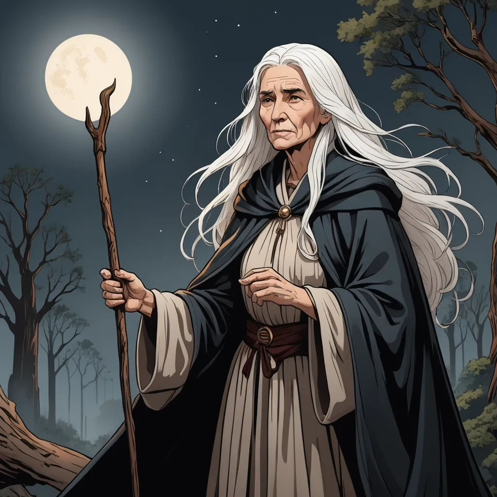 a man with long white hair holding a stick in his hand and a full moon in the background behind him, fantasy art, a character portrait, Constance Copeman, epic fantasy character art