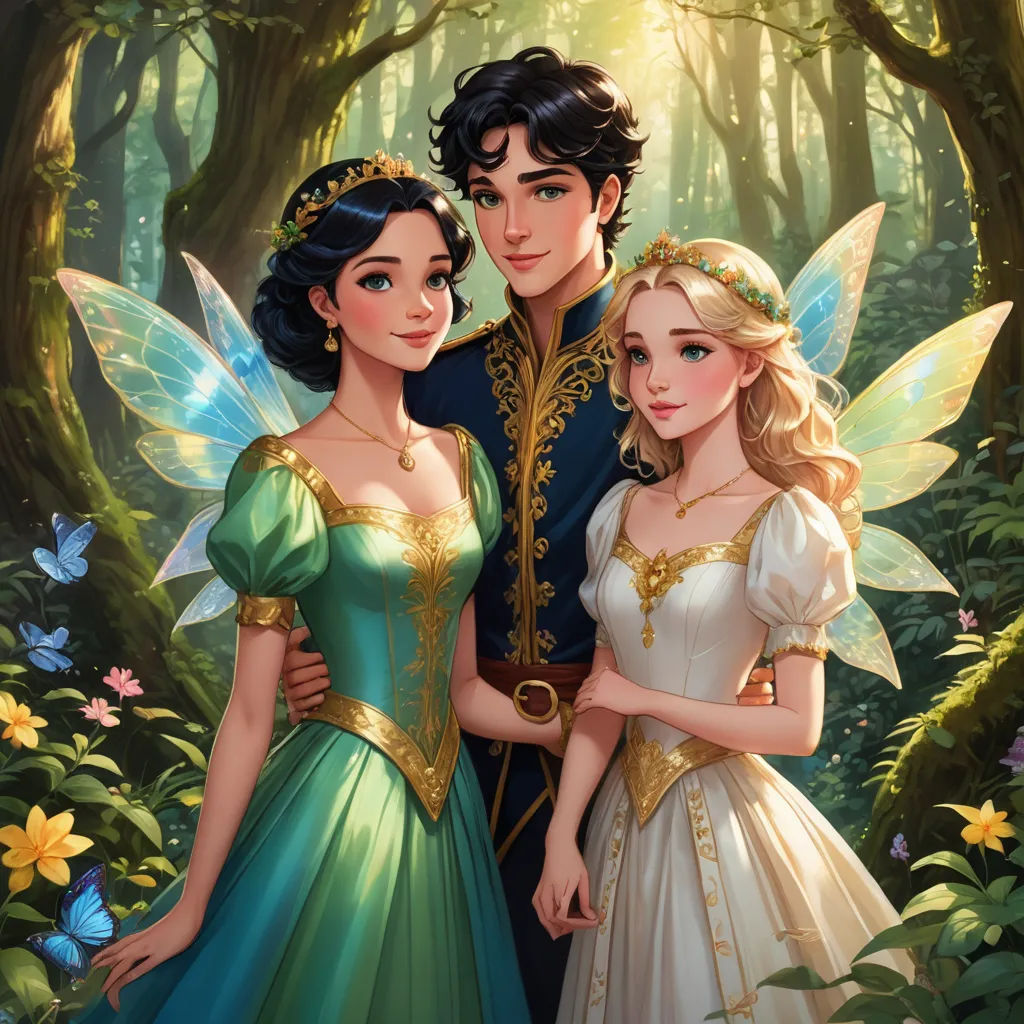 a couple of people standing next to each other in a forest with flowers and trees behind them and a man in a blue suit, fantasy art, a storybook illustration, disney, official art
