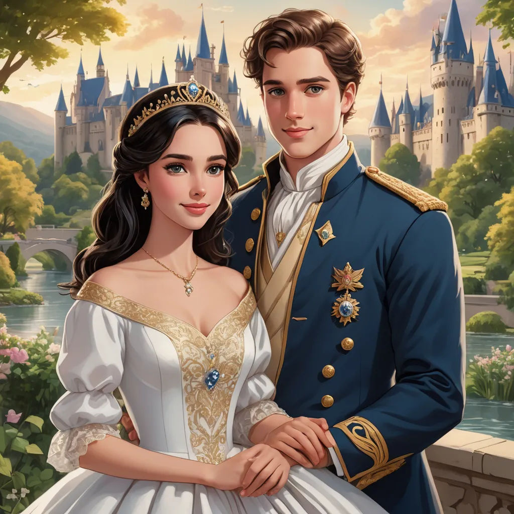 a painting of a man and woman in a wedding dress standing next to each other in front of a castle, sots art, a storybook illustration, disney, official art