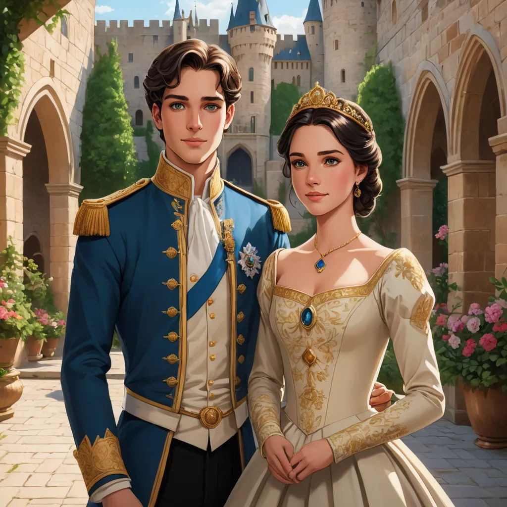 a man and woman in a wedding dress standing in front of a castle with a castle in the background, sots art, a detailed painting, Elizabeth Forbes, rossdraws global illumination
