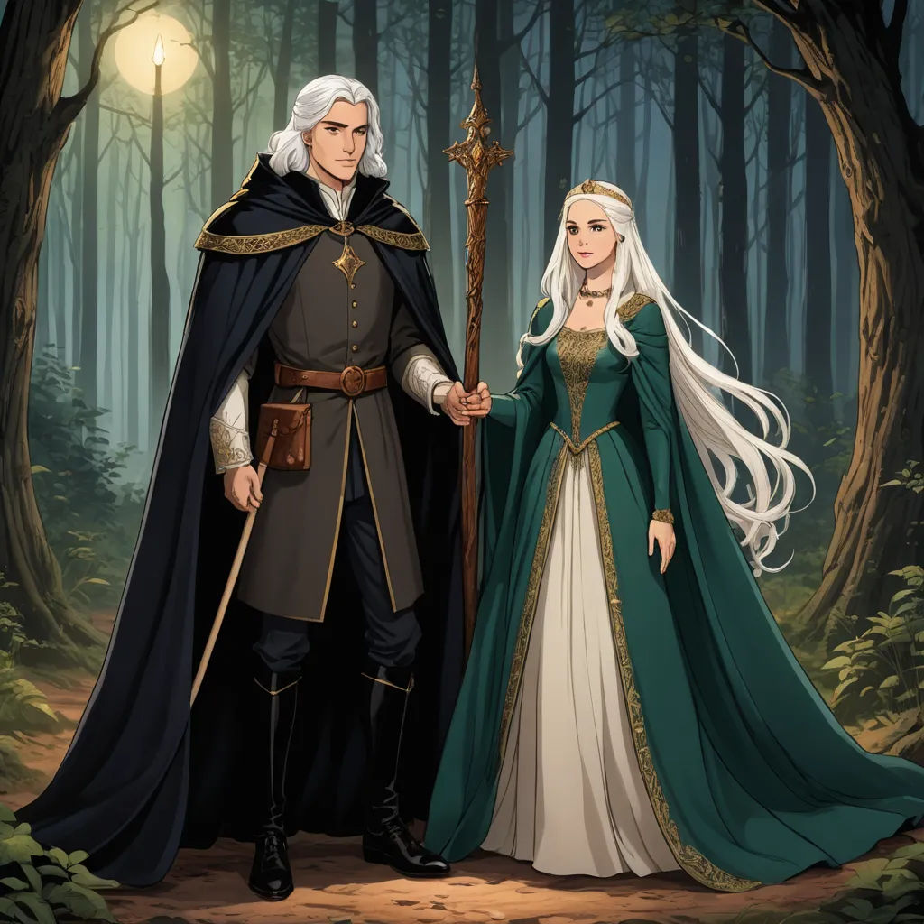 a man and woman dressed in medieval clothing standing in a forest holding a sword and a shield with a glowing light behind them, international gothic, a storybook illustration, Brian and Wendy Froud, official art