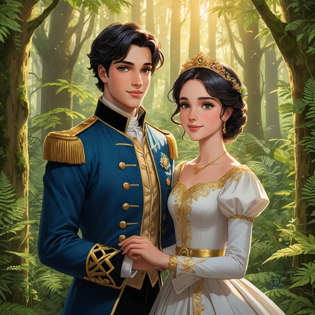 a painting of a man and woman in a forest with trees and foliages behind them, dressed in a blue and gold costume, sots art, a storybook illustration, disney, official art