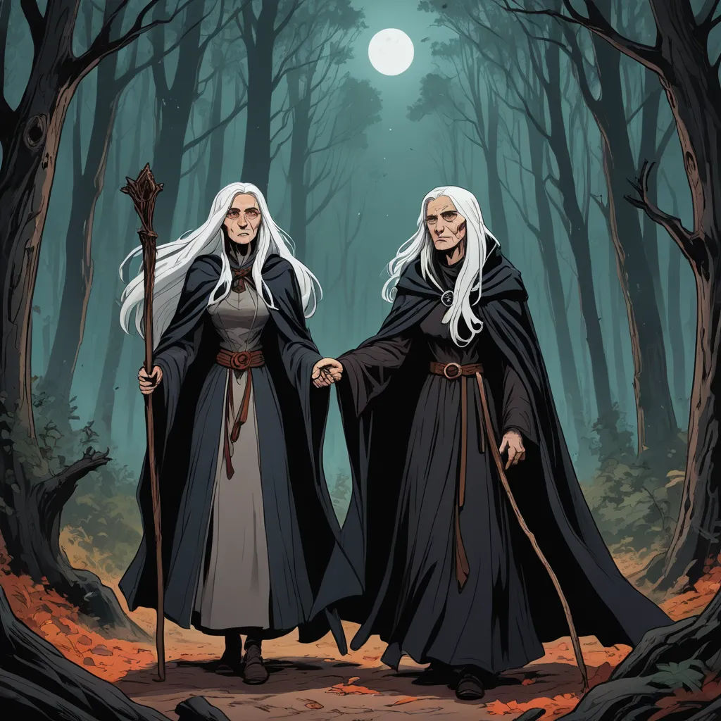 two white haired men standing in a forest under a full moon with a sception of hair and a sception of white hair, antipodeans, concept art, Brian and Wendy Froud, official art