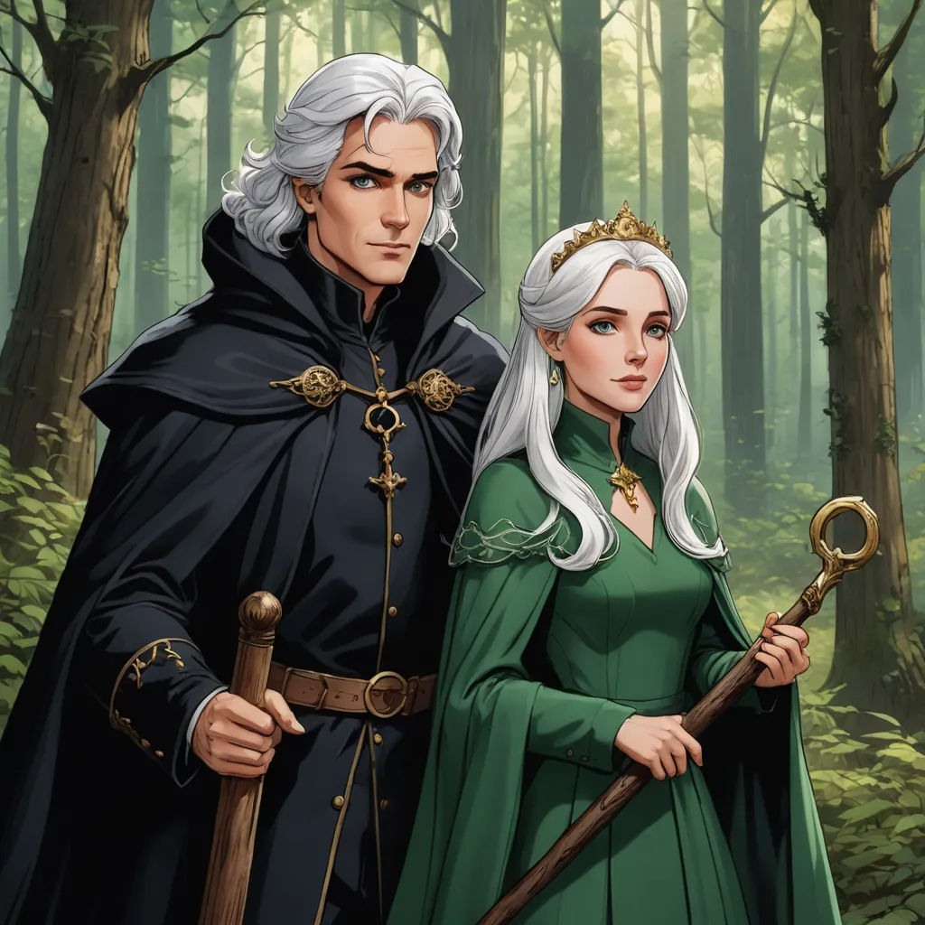 a man and a woman dressed in medieval clothing standing in a forest with a staff and a staff in hand, international gothic, a storybook illustration, Brian and Wendy Froud, official art
