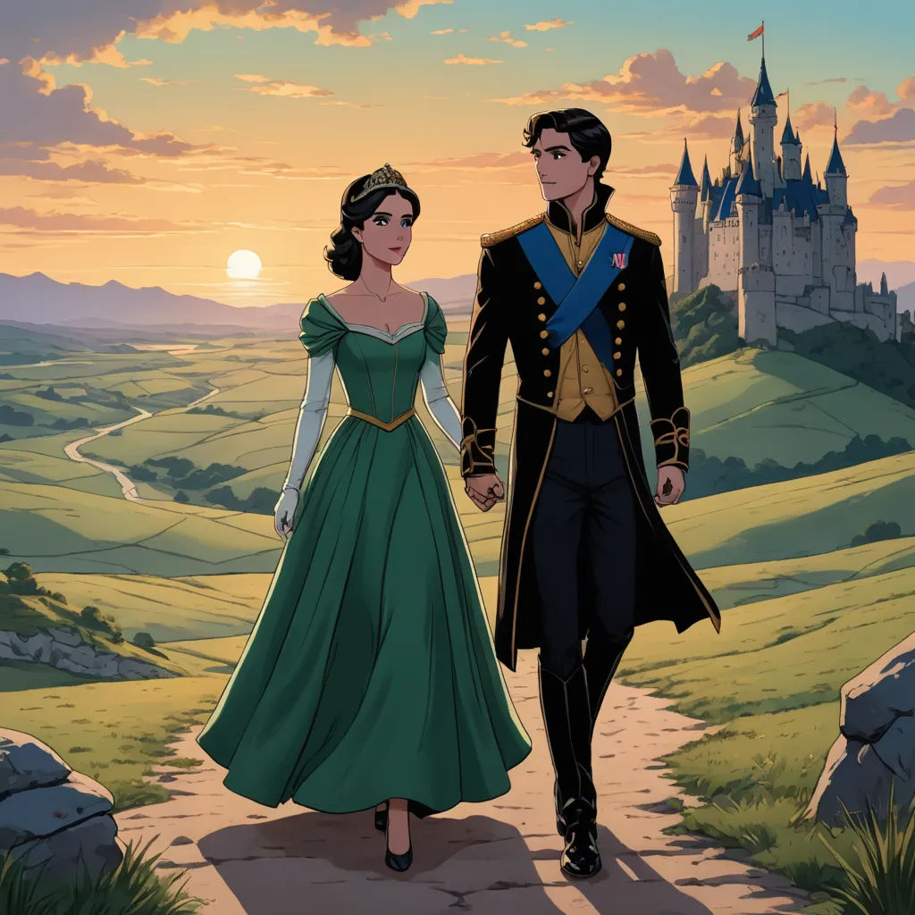 a man and woman walking down a path in front of a castle at sunset with a castle in the background, fantasy art, a storybook illustration, disney, official art