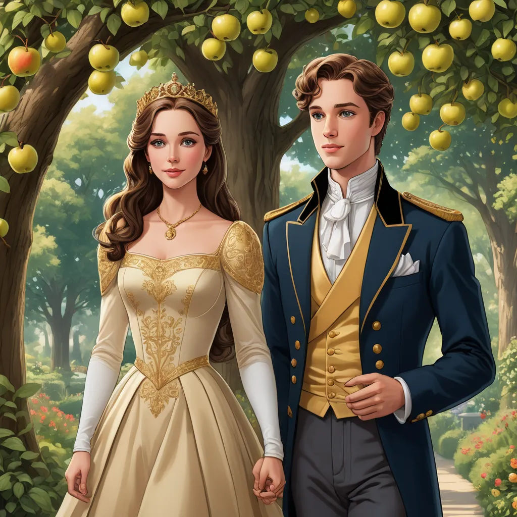a man and a woman dressed in formal wear standing in front of a tree with apples on it and a man in a blue suit and tie, fantasy art, a detailed painting, Charlie Bowater, kinkade