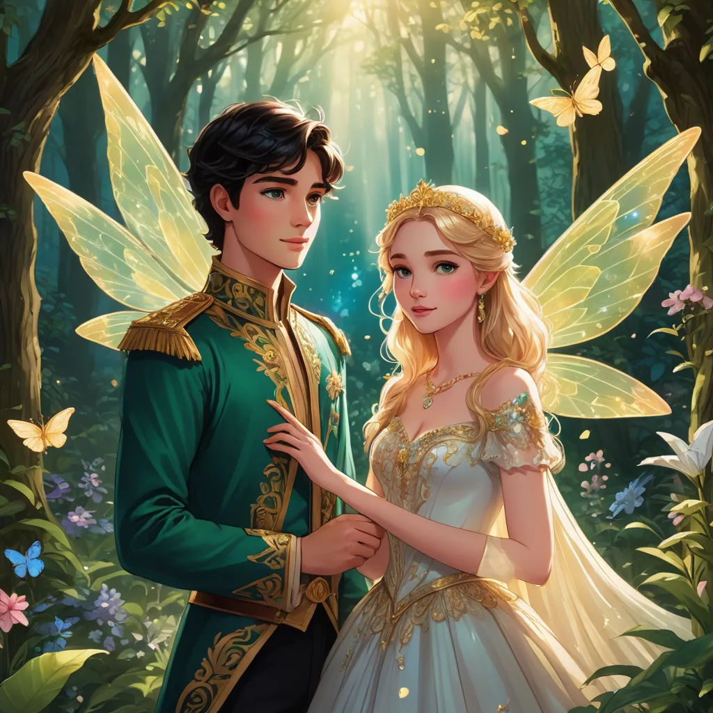 a man and a woman dressed as fairy tale characters in a forest with butterflies on their wings and a butterfly in their hand, fantasy art, a storybook illustration, Edwin Georgi, rossdraws global illumination