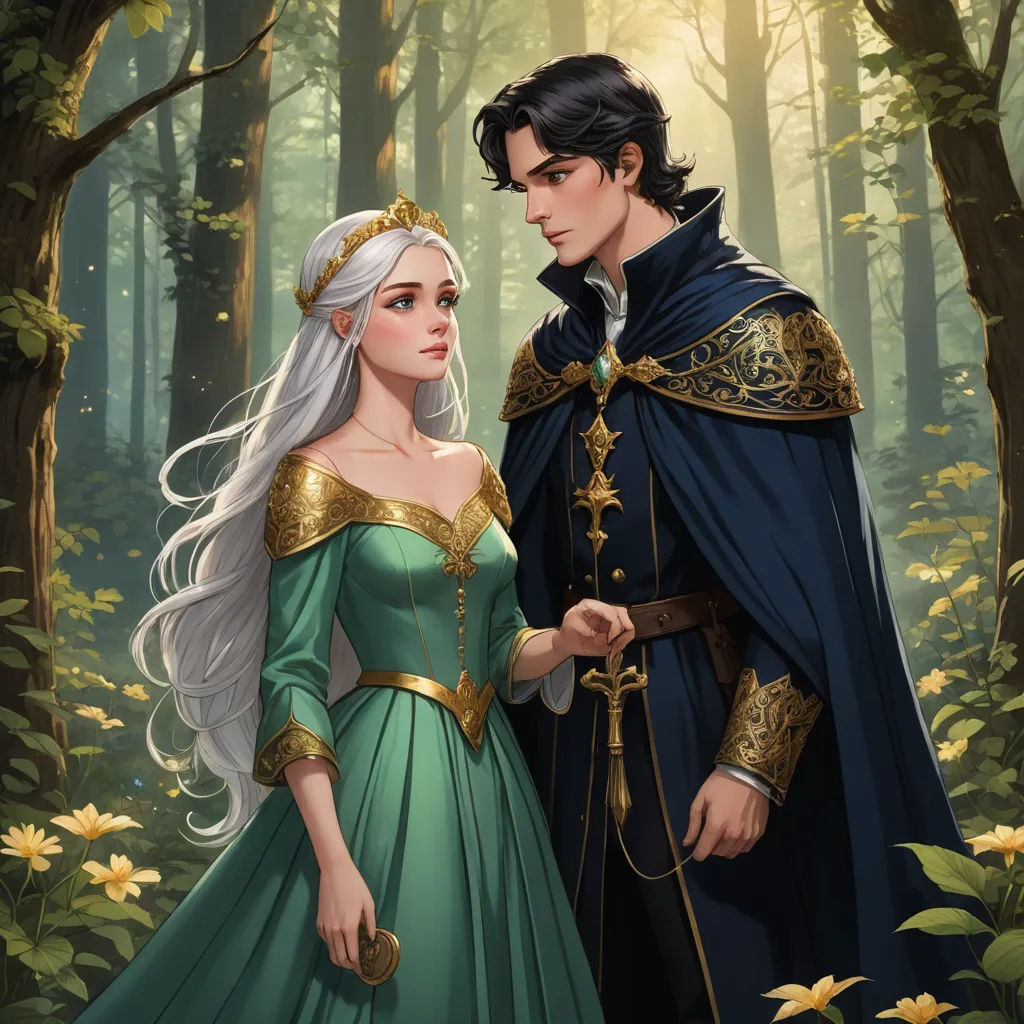a man and a woman dressed in medieval clothing standing in a forest with flowers and trees in the background, fantasy art, a storybook illustration, Charlie Bowater, official art