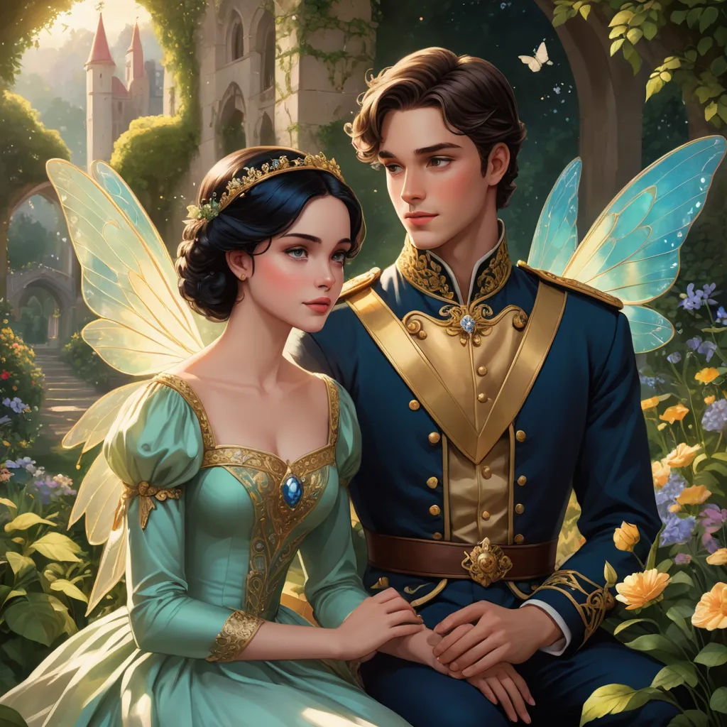 a man and a woman dressed as fairy tale characters sitting in a garden with flowers and trees in the background, fantasy art, a storybook illustration, Artgerm, rossdraws global illumination