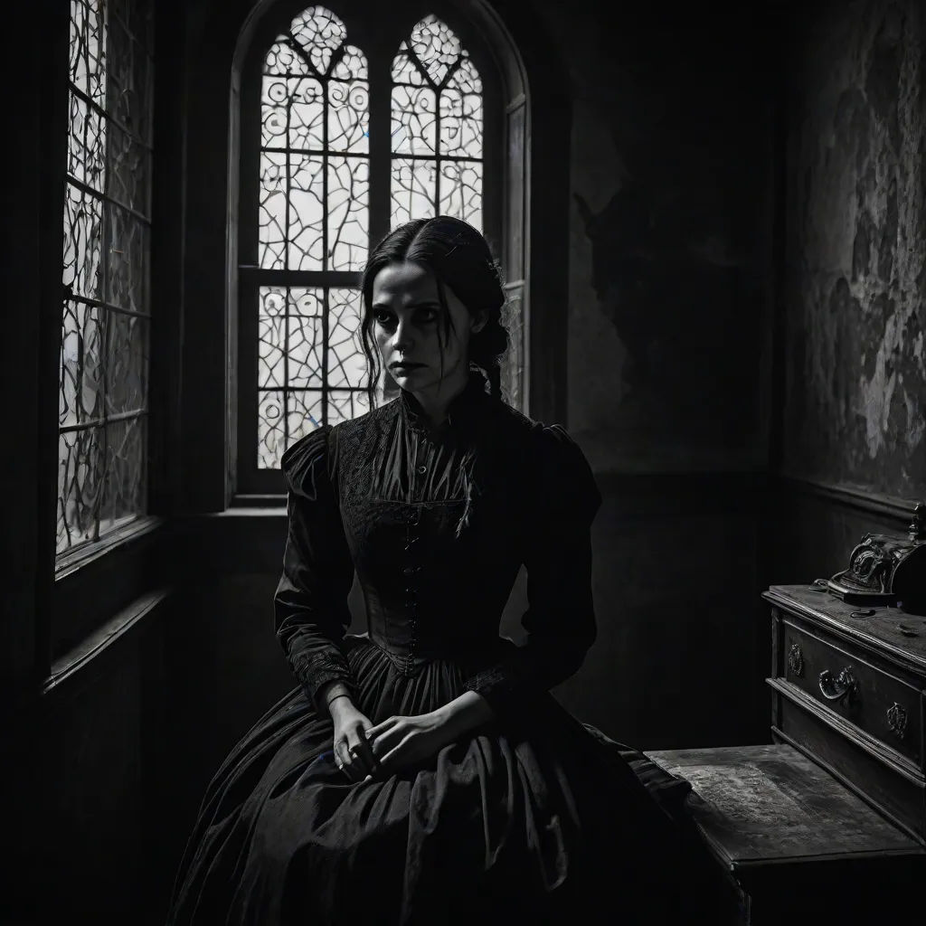 a woman in a long dress sitting in a room with a window and a dresser in front of her, gothic art, a black and white photo, Brigid Derham, promotional image