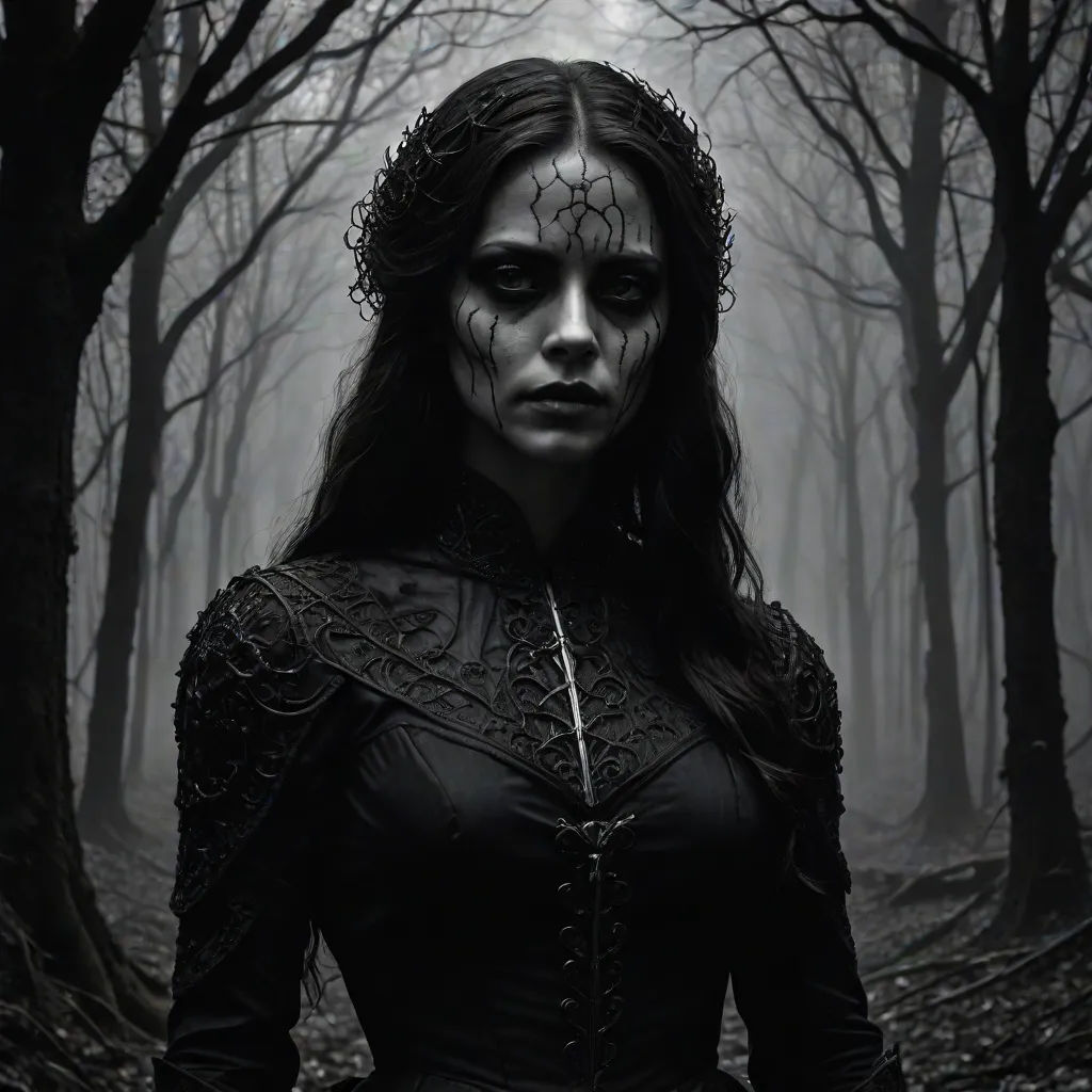 a woman in a black dress standing in a forest with trees and leaves on her head and a creepy look on her face, gothic art, a character portrait, Dirk Crabeth, gothic