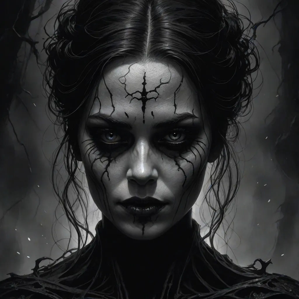 a woman with makeup and a cross on her face, with a dark background and a tree in the background, gothic art, an ultrafine detailed painting, Bastien L. Deharme, dark art