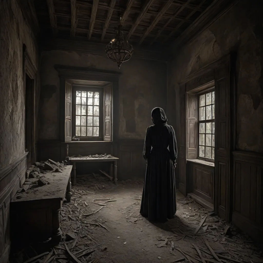 a woman standing in a dark room with a broken window and a broken table in the corner of the room, gothic art, a detailed matte painting, Dirk Crabeth, promotional image