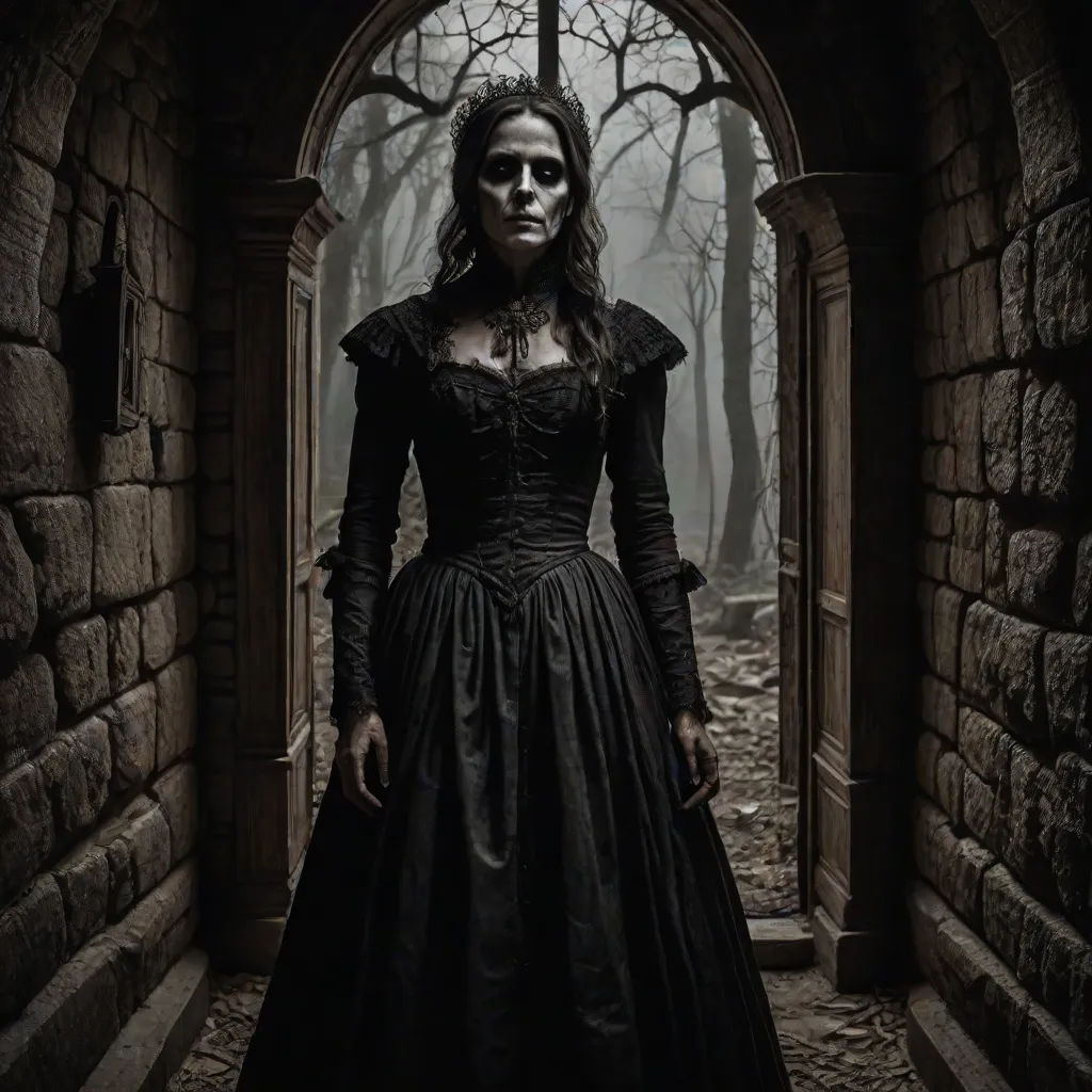 a woman in a black dress standing in a doorway with a creepy look on her face and hands,, gothic art, poster art, Dirk Crabeth, promotional image