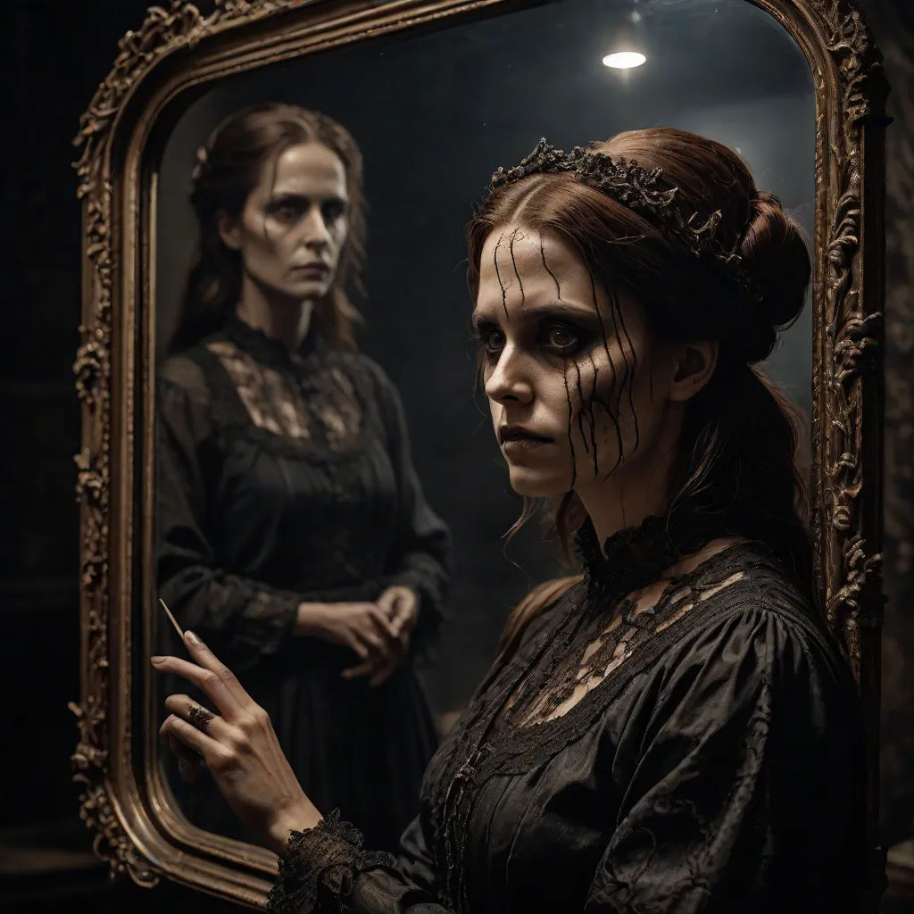 a woman in a black dress is looking at herself in a mirror with a creepy face on her face, gothic art, a poster, Dirk Crabeth, promotional image