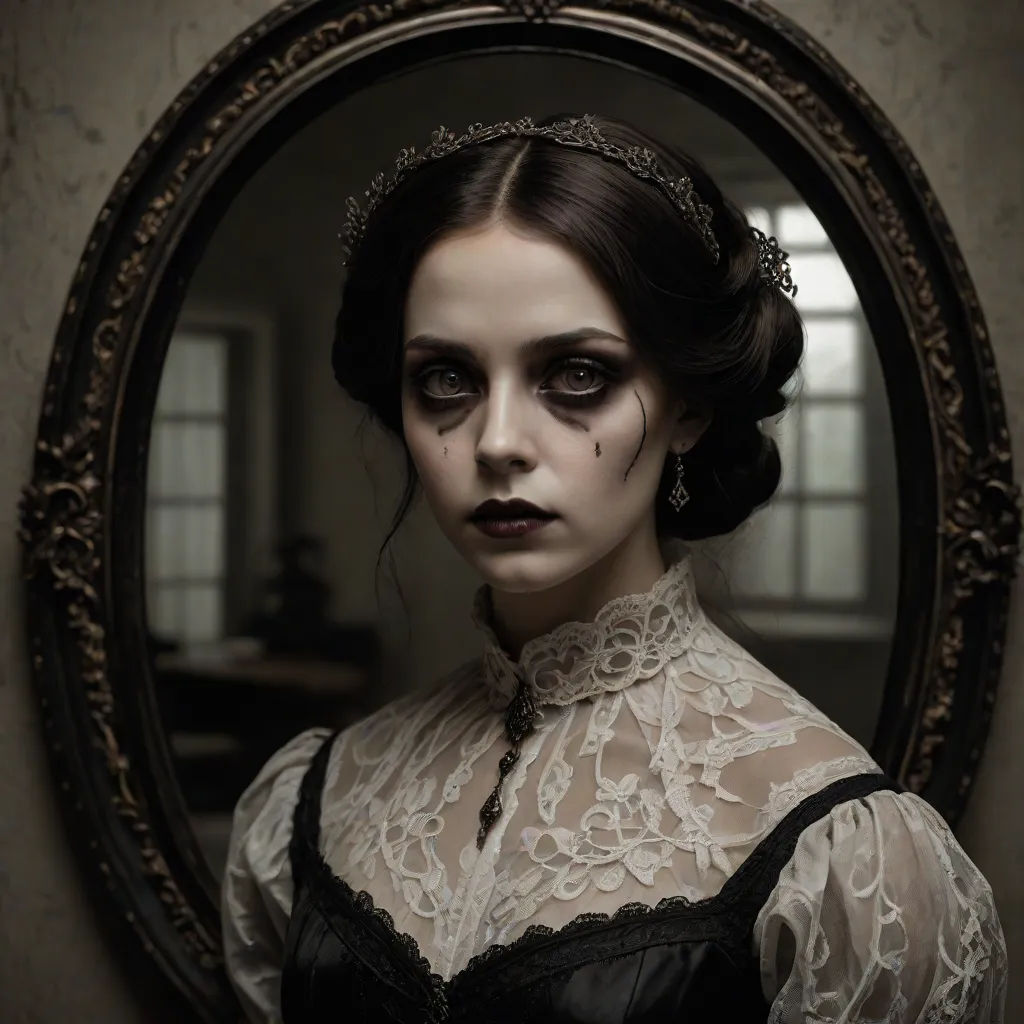 a woman with makeup and black eyes in a mirror with a creepy look on her face and a black dress, gothic art, a portrait, Dirk Crabeth, gothic