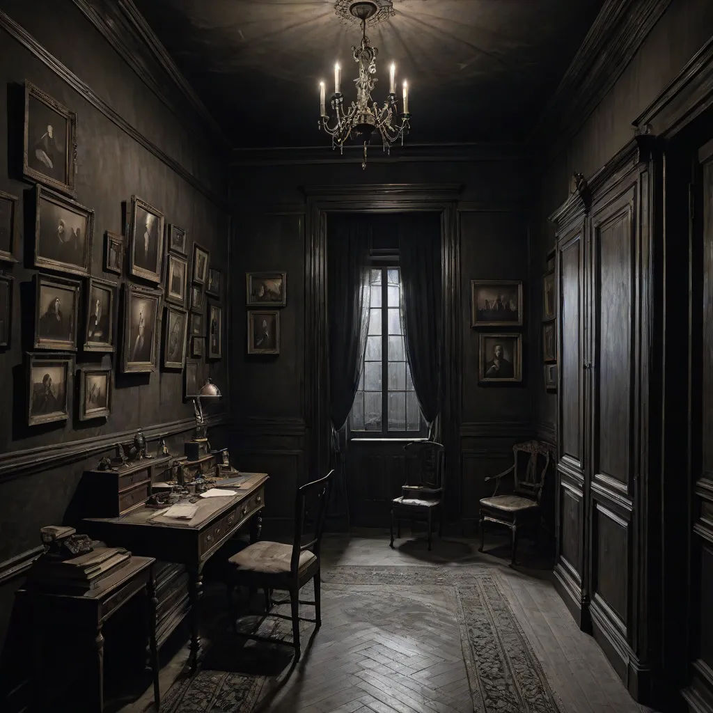 a dark room with a desk and a chandelier hanging from the ceiling and pictures on the walls, gothic art, a detailed matte painting, Annie Leibovitz, photorealistic lighting