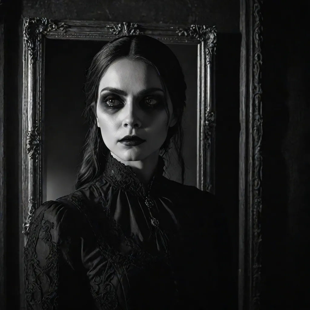a woman with black makeup and a black dress in a mirror with a creepy look on her face and eyes, gothic art, a black and white photo, Dirk Crabeth, gothic