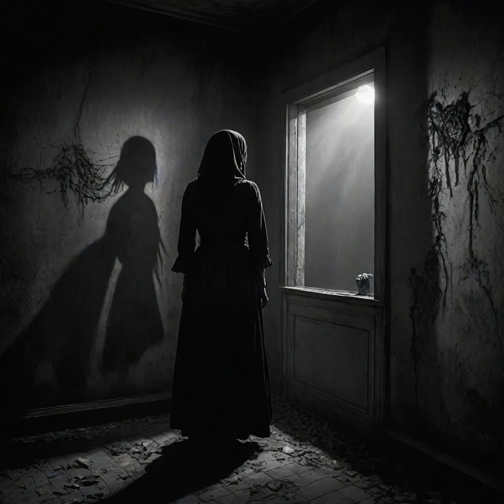 a woman standing in a dark room with a shadow of a woman on the wall behind her and a door open, gothic art, a detailed matte painting, Dirk Crabeth, promotional image