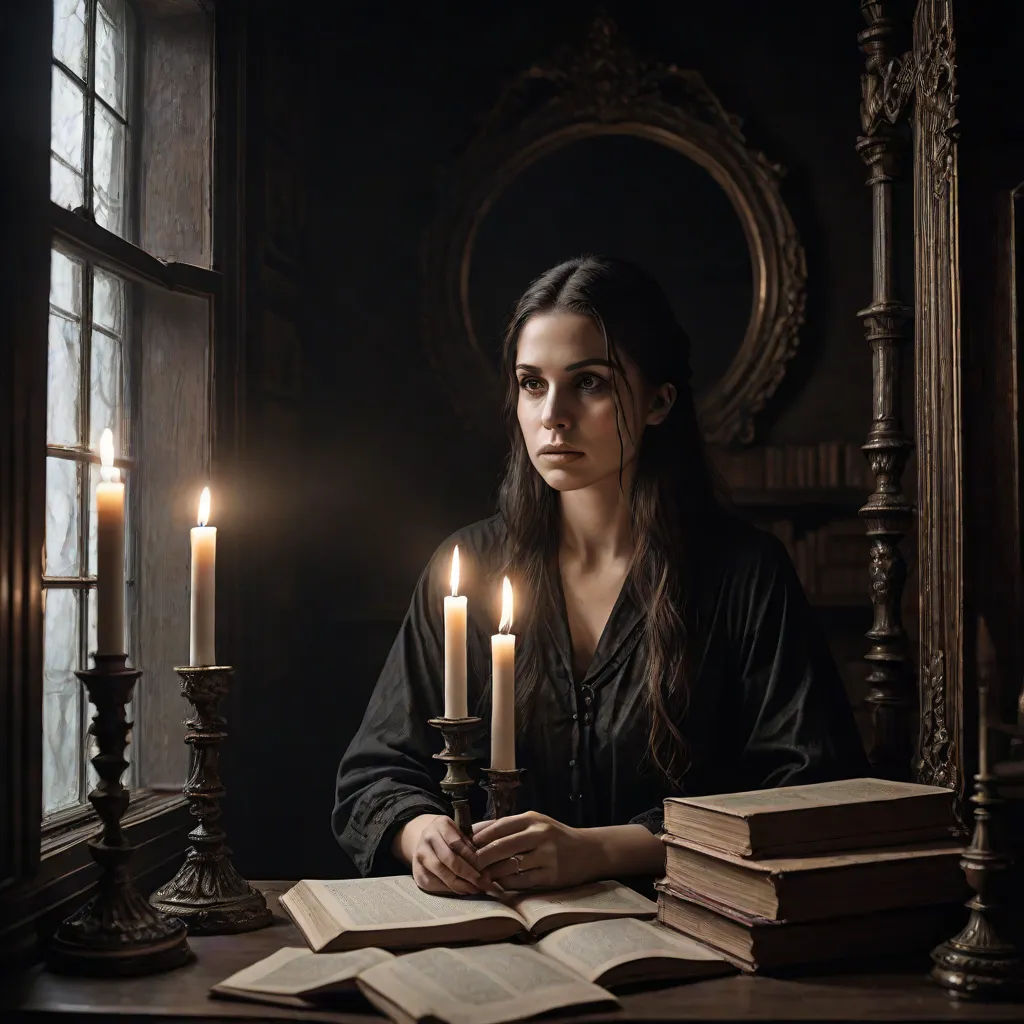 a woman sitting at a table with a book and candles in front of her, in a dark room, gothic art, a character portrait, Artur Tarnowski, promotional image