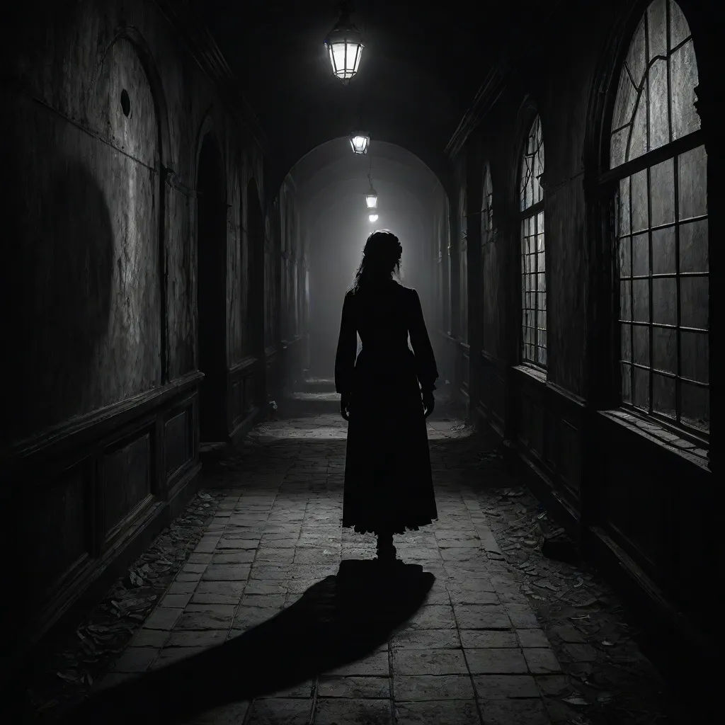 a woman in a long coat is walking down a dark hallway with a lantern on the ceiling and a light on the wall, gothic art, a matte painting, Dirk Crabeth, promotional image