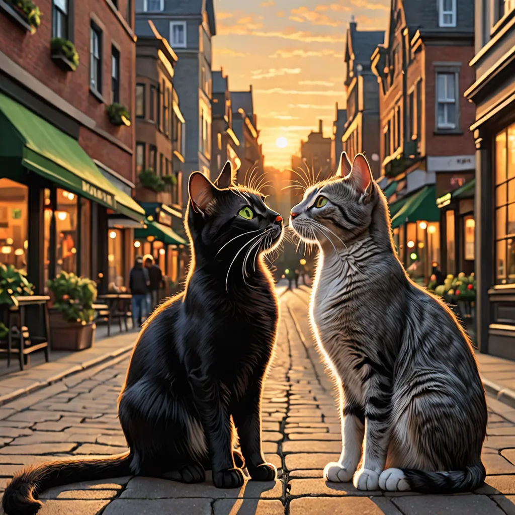 two cats sitting on a brick street facing each other and one is looking at the other cat's face, american scene painting, a storybook illustration, Evgeny Lushpin, official art