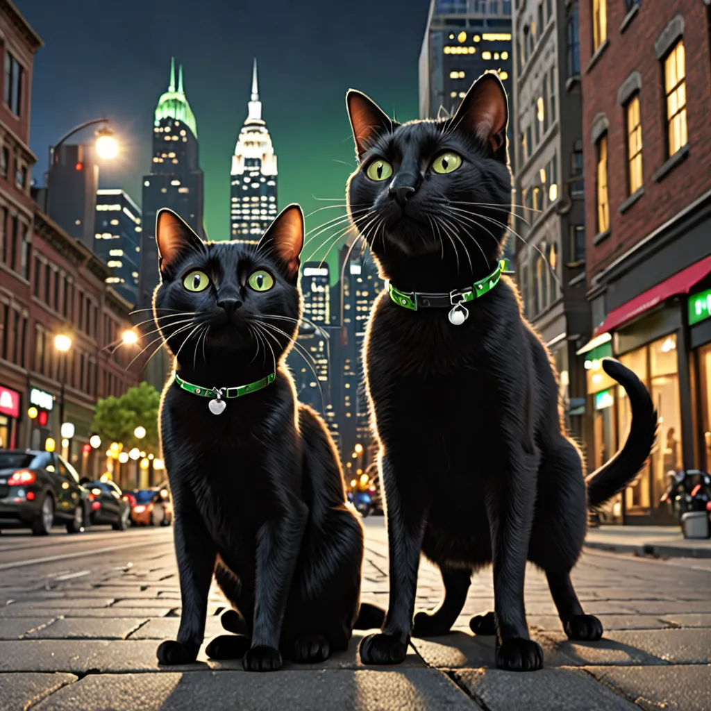two black cats sitting on a city street at night with a city skyline in the background and a green collar, photorealism, a digital rendering, Felix-Kelly, highly detailed digital painting