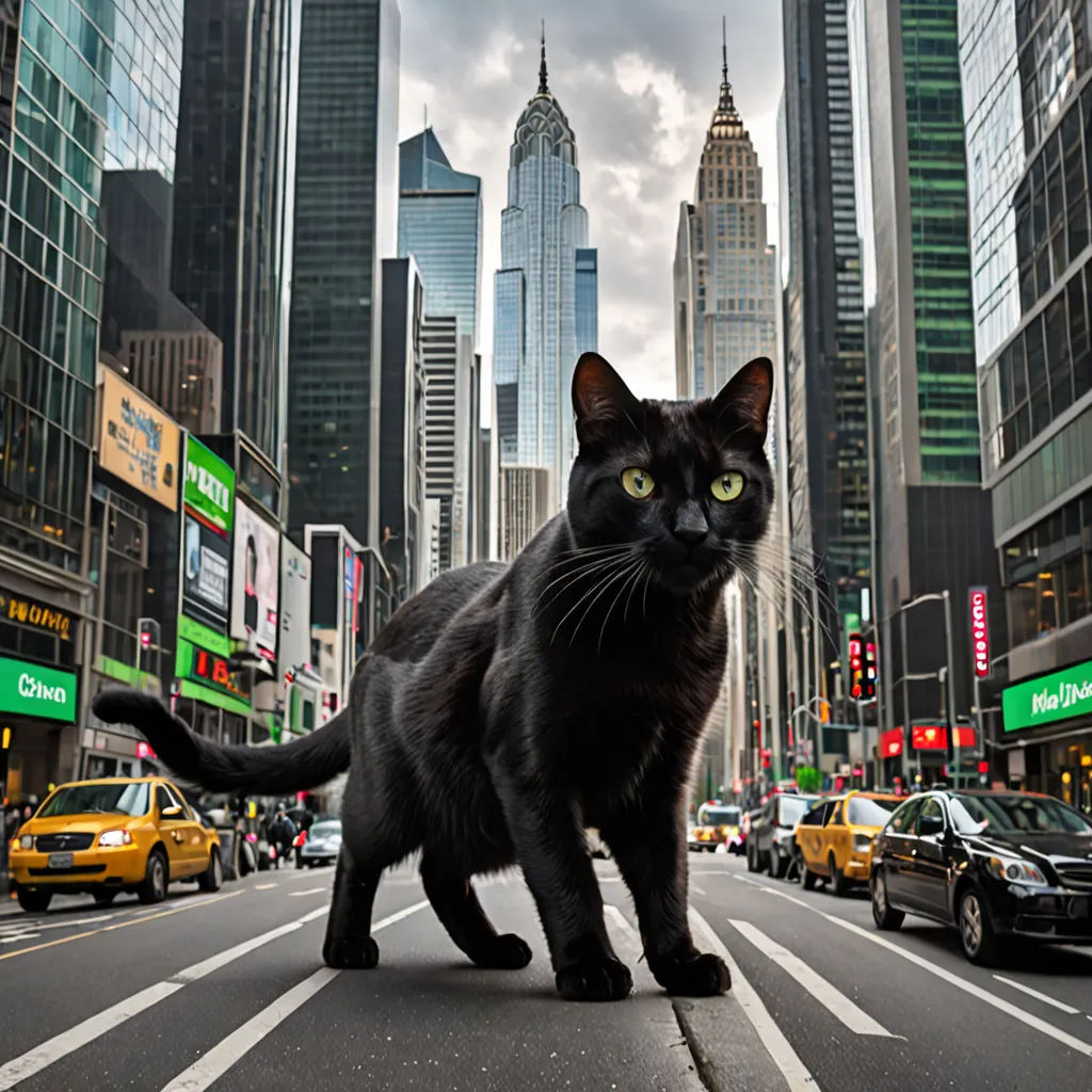 a black cat walking across a street in a city with tall buildings and traffic lights on either side of it, neoism, a matte painting, Carlos Catasse, award - winning photo