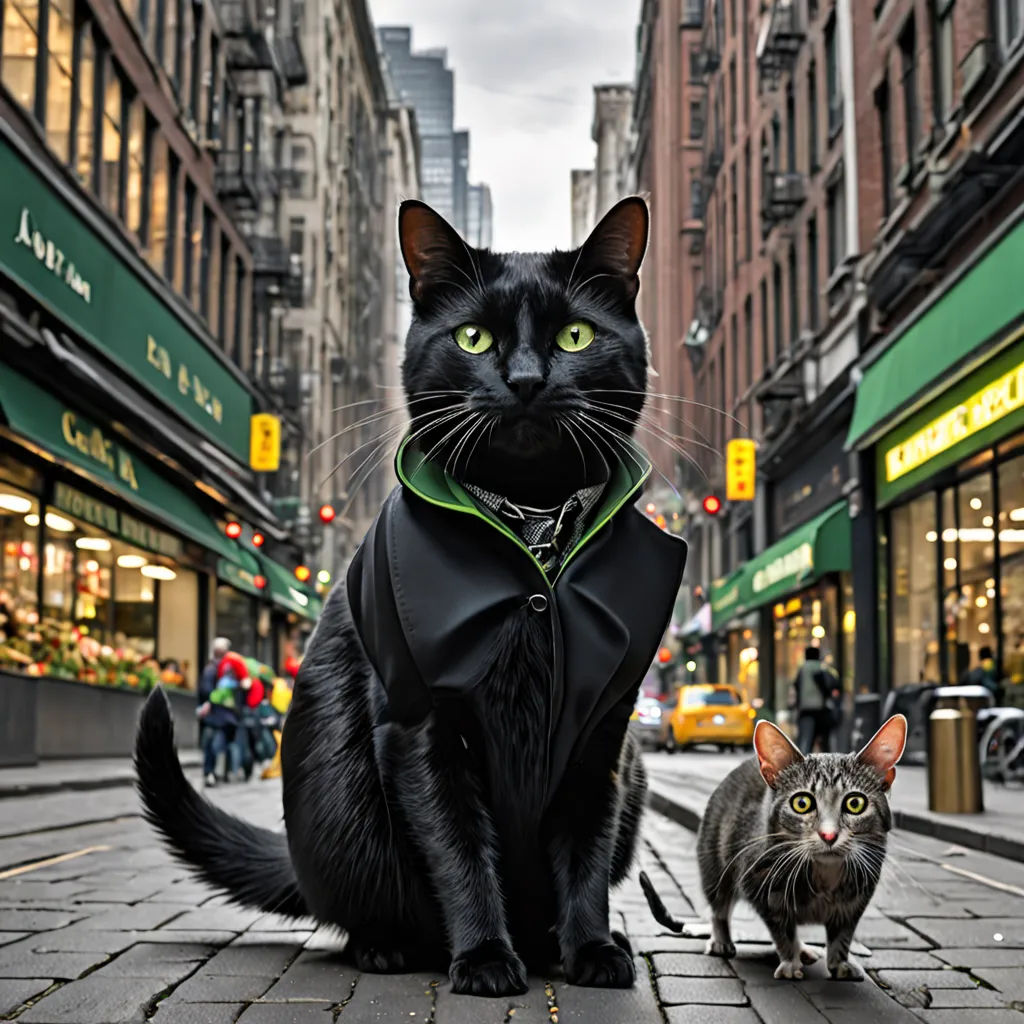 a black cat and a gray cat on a city street with buildings in the background and a green collar, international gothic, an album cover, Felix-Kelly, award - winning photography