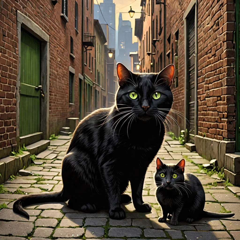 a black cat and a black cat sitting on a cobblestone street in a city setting with a green door, magic realism, poster art, Brothers Hildebrandt, key art