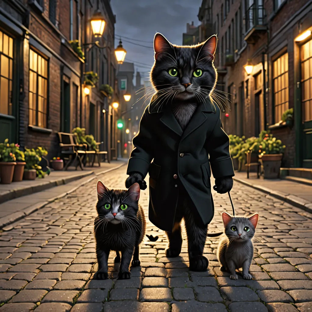 a man walking two cats down a street at night with a flashlight on his head and a cat on a leash, magical realism, poster art, Carlos Catasse, promotional image