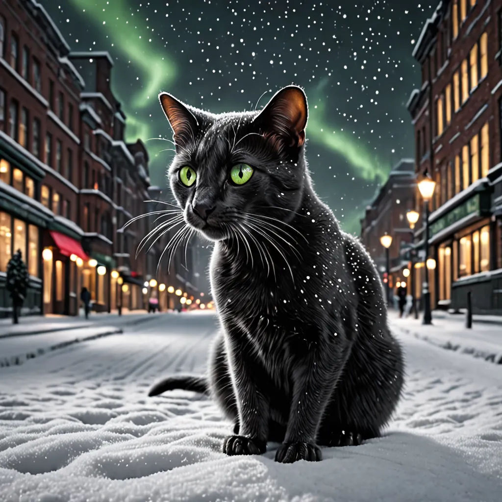a black cat sitting in the snow in front of a building with a green light on it's head, art photography, a storybook illustration, Evgeny Lushpin, dark background
