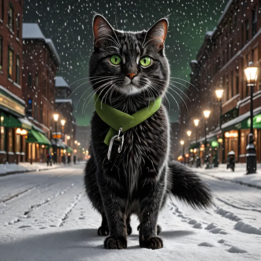 a cat standing in the middle of a snowy street at night with a green collar around its neck and a green collar around its neck, photorealism, a photorealistic painting, Carlos Catasse, promotional image