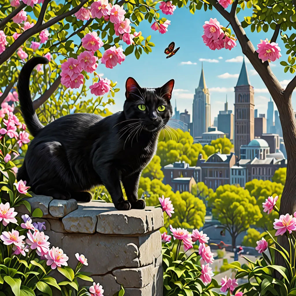 a black cat sitting on a stone wall in a park with pink flowers and a city in the background, american scene painting, a detailed matte painting, Chris LaBrooy, city background