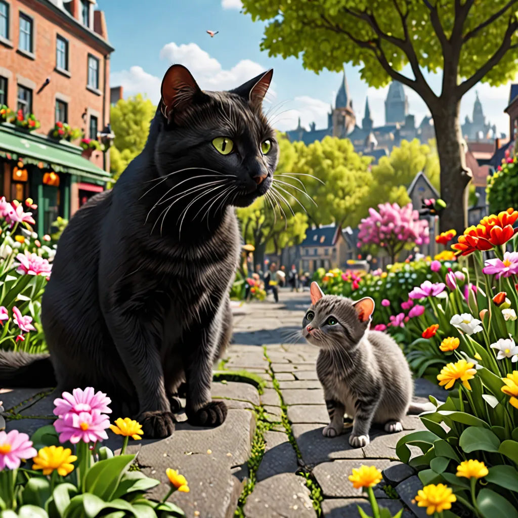 a cat and a kitten sitting on a sidewalk in a garden with flowers and buildings in the background,, photorealism, a detailed matte painting, Evgeny Lushpin, key art