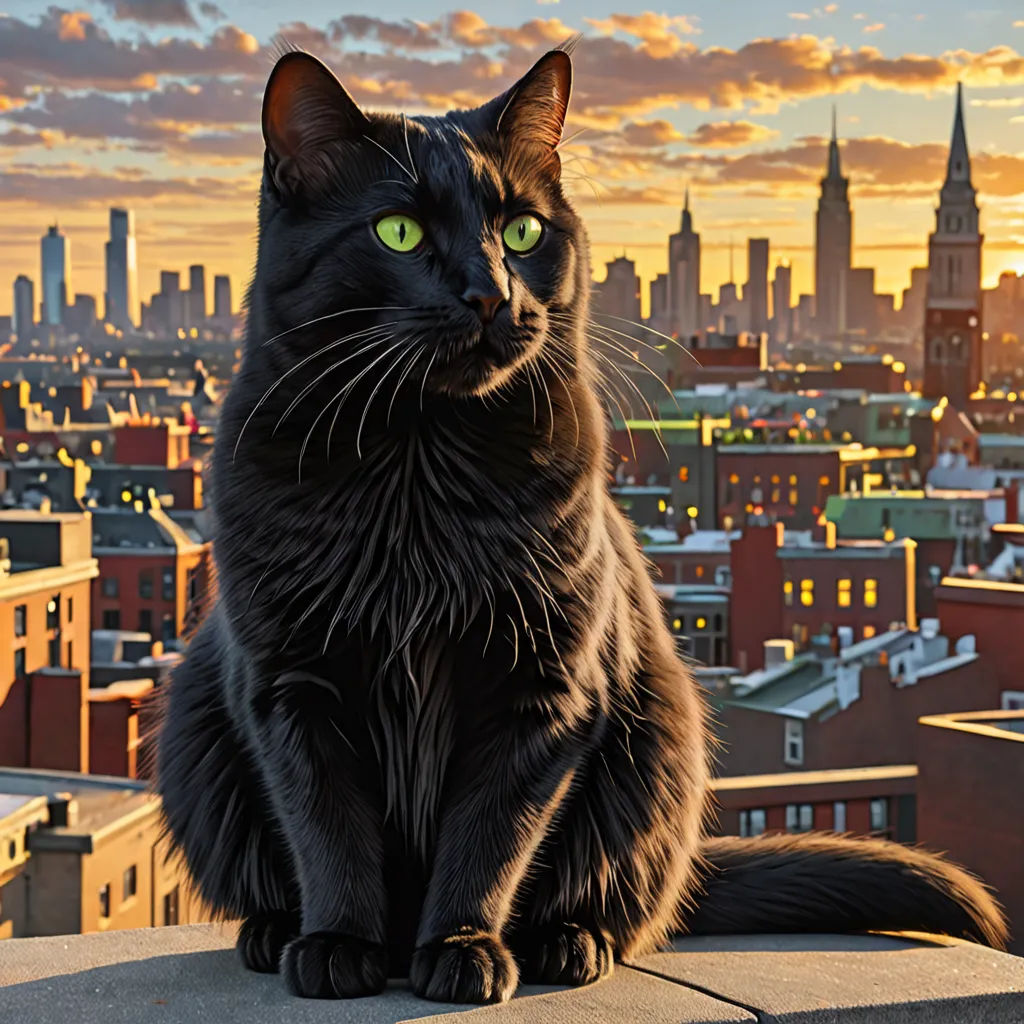a black cat sitting on top of a building with a city in the background at sunset or dawn with green eyes, american scene painting, a hyperrealistic painting, Evgeny Lushpin, city background