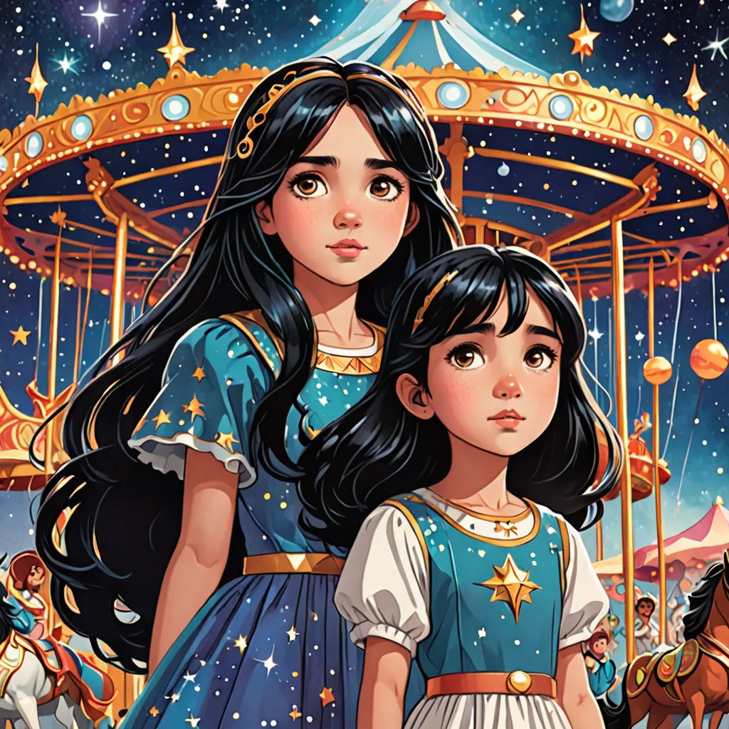 a painting of two girls standing in front of a carousel ride with horses and a carousel in the background, magical realism, a storybook illustration, Alice Prin, comic cover art