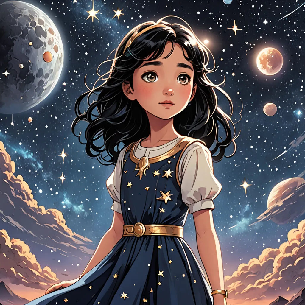 a girl in a dress standing in front of a sky full of stars and planets with a moon in the background, space art, a storybook illustration, Cliff Childs, yukito kishiro