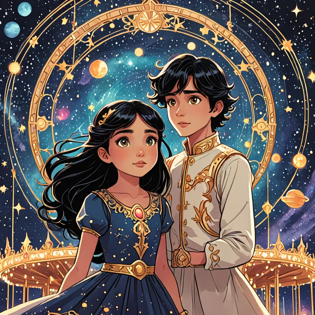 a man and woman standing next to each other in front of a ferris wheel with stars and a sky background, space art, a storybook illustration, Cliff Childs, comic cover art
