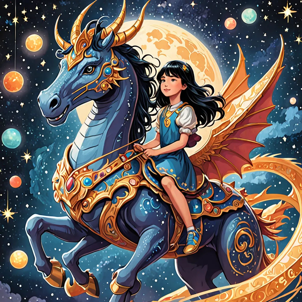 a girl riding a horse in the sky with a moon behind her and stars in the sky behind her, fantasy art, a storybook illustration, Alice Prin, fantasy illustration