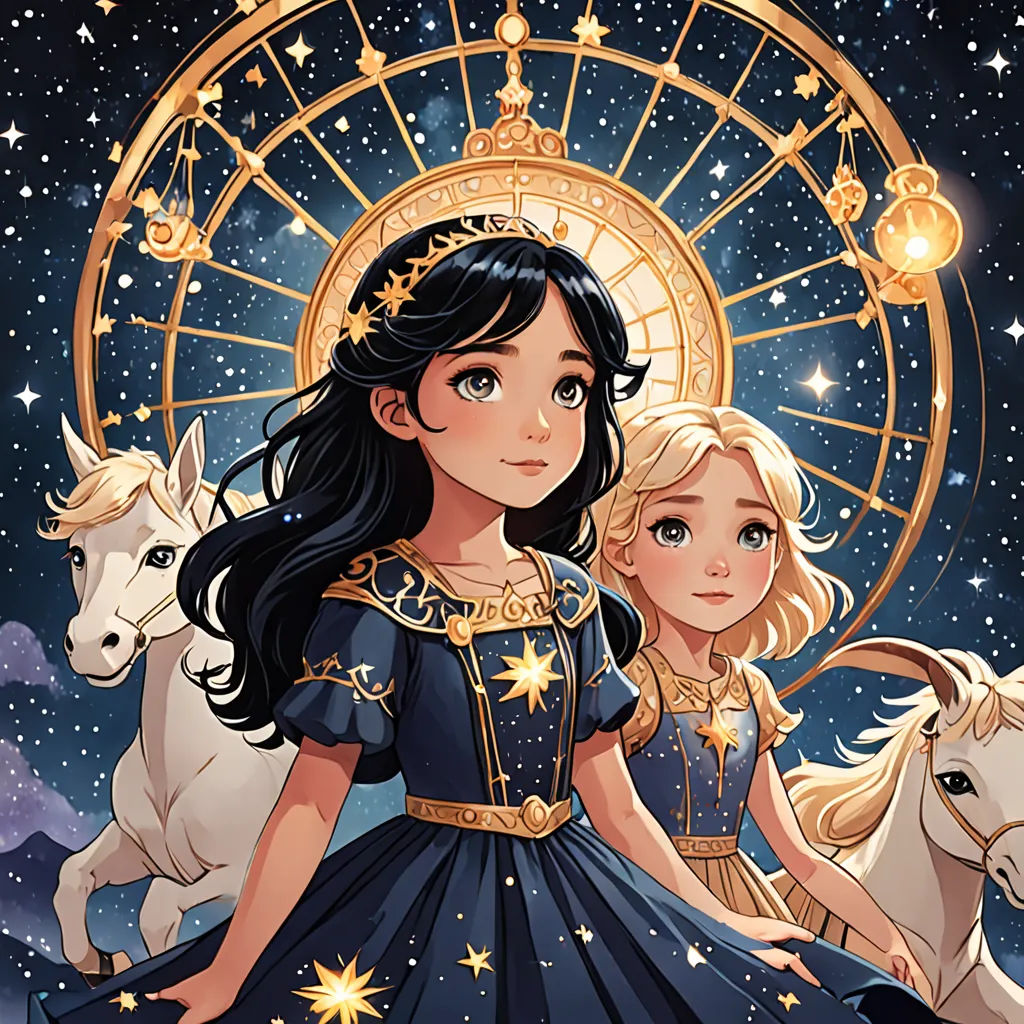 a girl and a boy are standing in front of a ferris wheel with horses and a goat in the background, space art, a storybook illustration, Caroline Chariot-Dayez, stars
