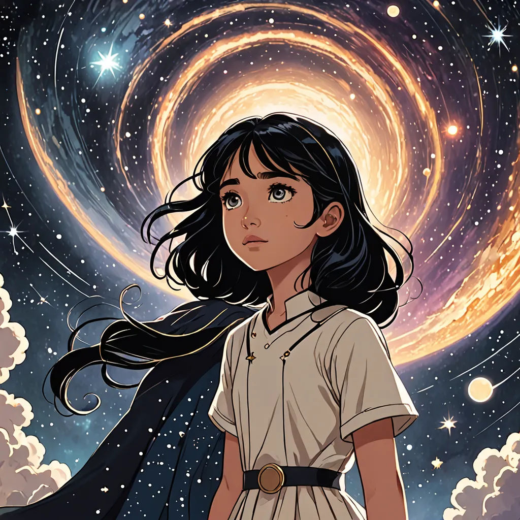 a girl in a white dress standing in front of a star filled sky with a black cape on her head, space art, poster art, Cliff Childs, yukito kishiro
