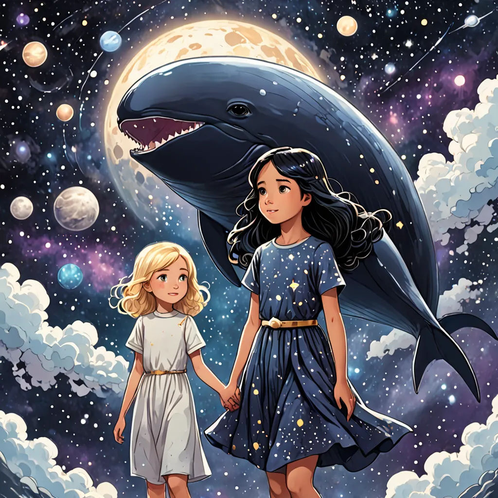 a girl and a girl holding hands while standing in front of a dolphin and moon painting on a wall, space art, a storybook illustration, Cliff Childs, comic cover art