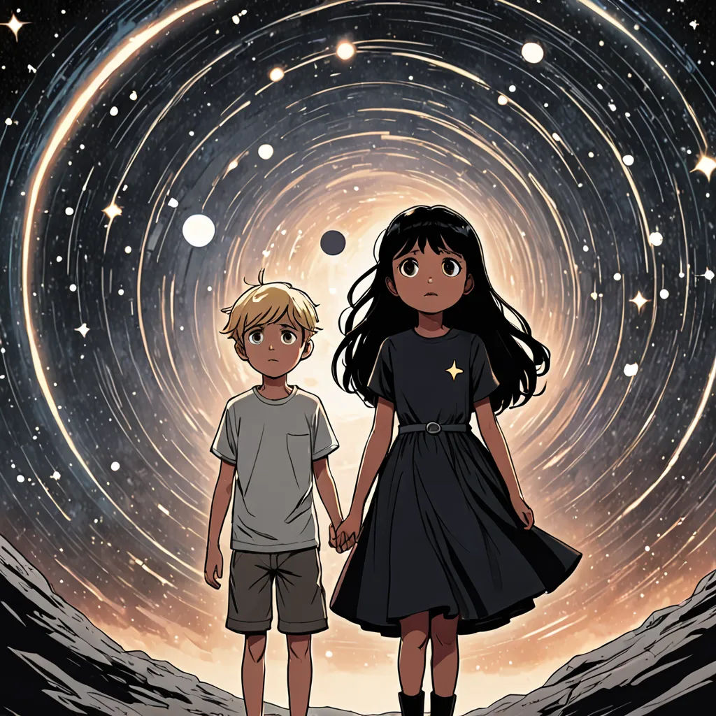 a boy and a girl standing in front of a star filled sky with stars in the background and a star filled sky, space art, poster art, Asaf Hanuka, official art