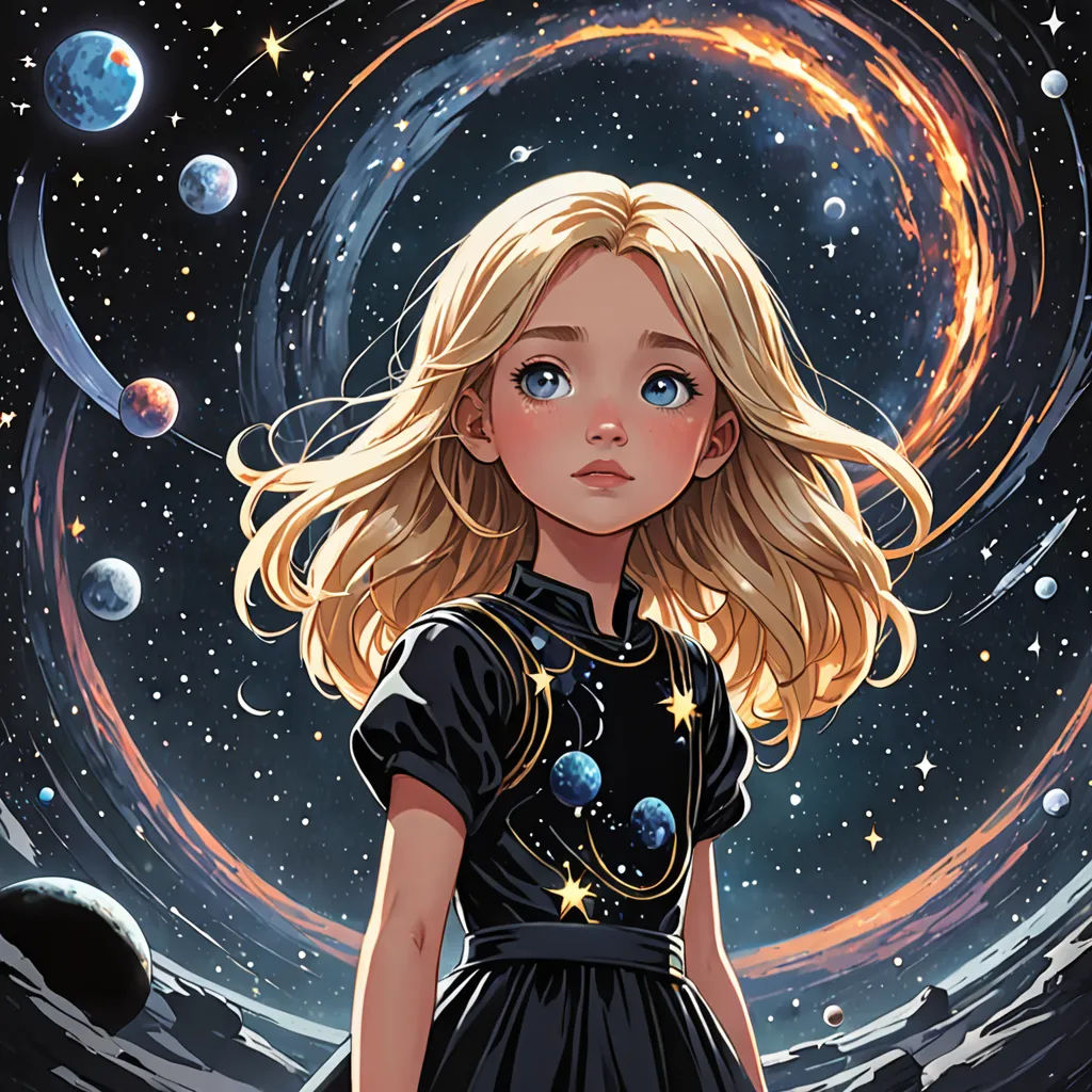 a girl in a black dress standing in front of a space background with planets and stars in the sky, space art, a detailed painting, Anna Dittmann, rossdraws global illumination