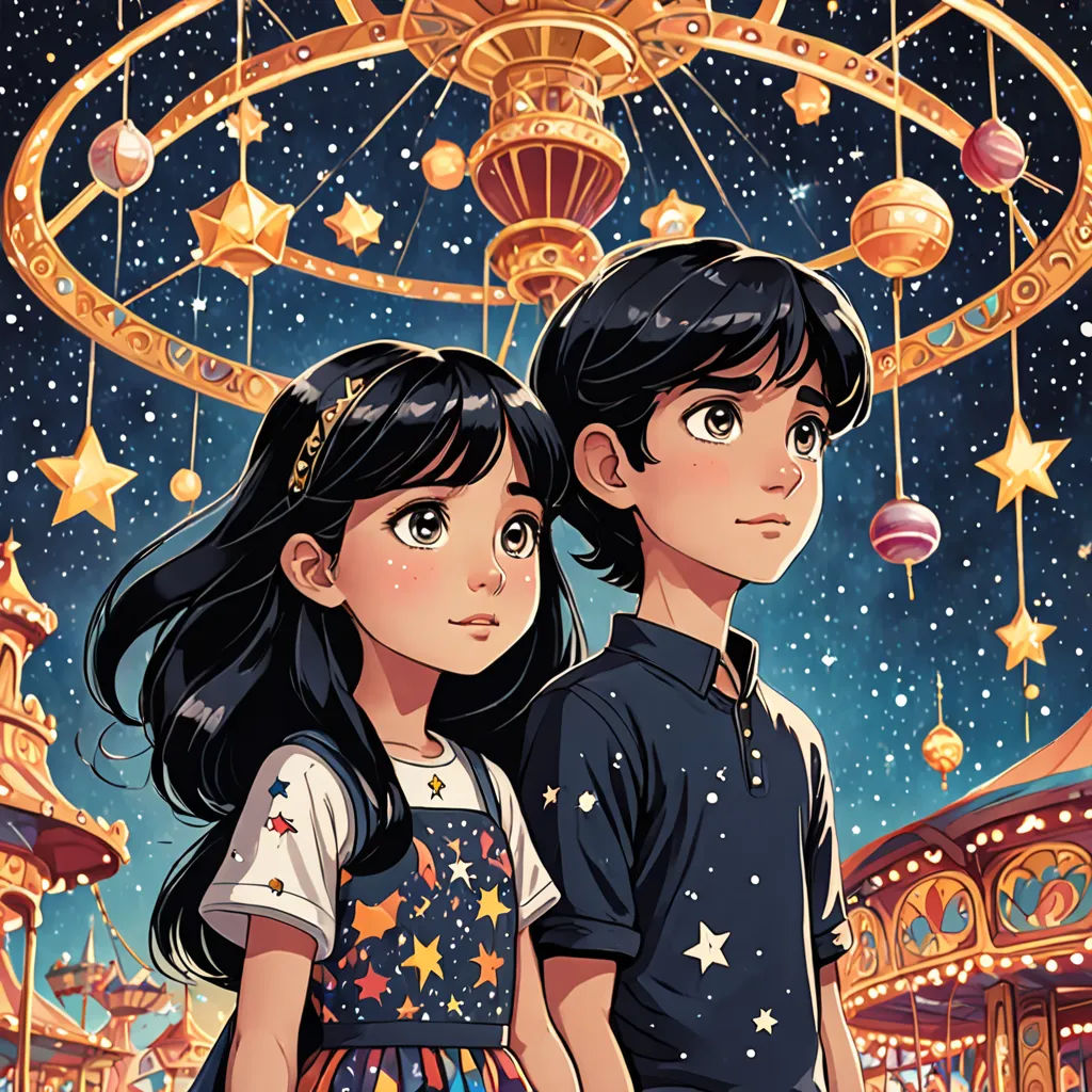 a couple of people standing next to each other in front of a ferris wheel at night with stars and lights, space art, a storybook illustration, disney, comic cover art