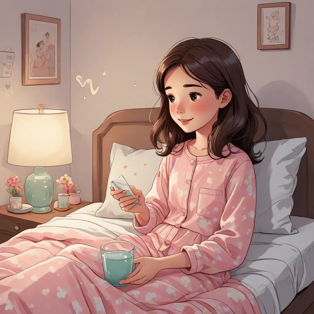 a girl in a pink pajamas is sitting on a bed and holding a cup of coffee and a cell phone, Atey Ghailan, art & language, a storybook illustration, no text