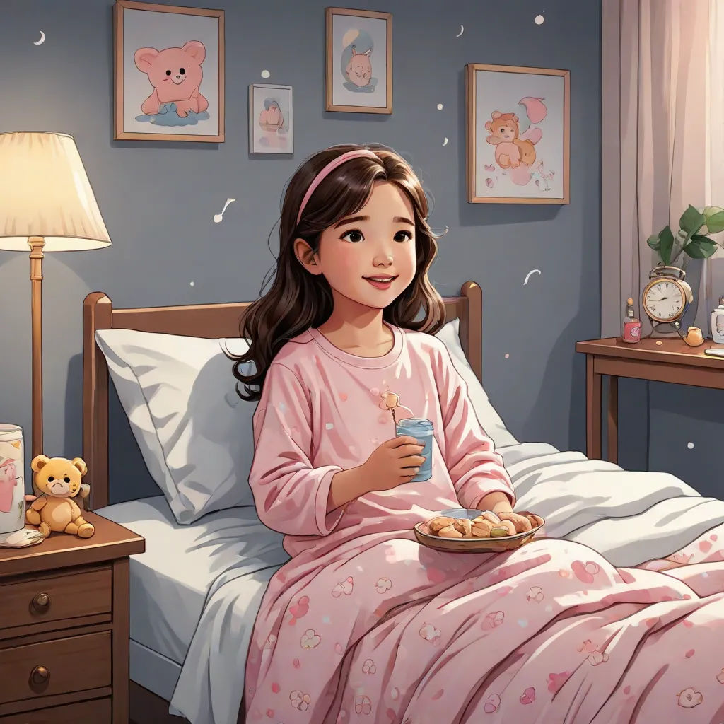a girl in a pink pajamas sitting on a bed with a plate of food and a teddy bear on the bed, Chen Hong, remodernism, a storybook illustration, storybook illustration