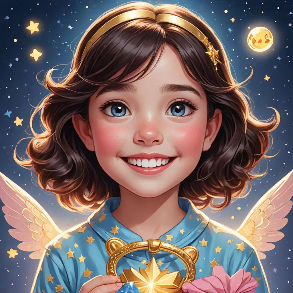 a girl with a golden medal and a blue shirt on, and a blue background with stars and moon, Artgerm, fantasy art, a storybook illustration, stanley artgerm lau